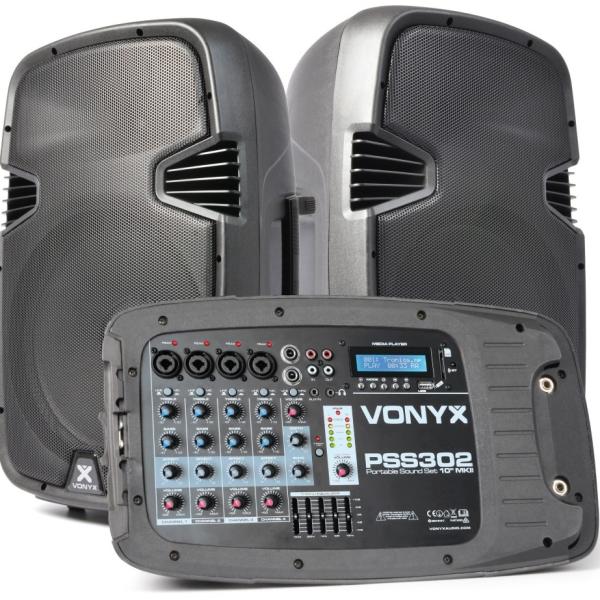 Sistema de Som Portátil 10 300W (Mesa Mistura + 2 Colunas + Tripés + Microfone) PSS302 - VONYX