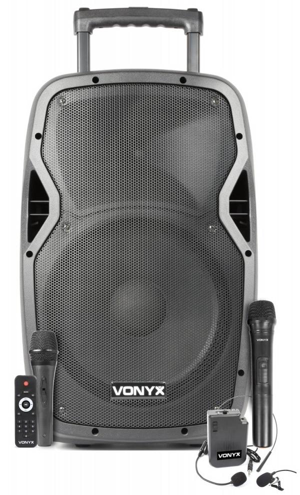 Coluna Amp. Portátil 15 800W MP3/USB/SD/BLUETOOTH c/ 3x Microfones UHF (AP1500PA) - VONYX