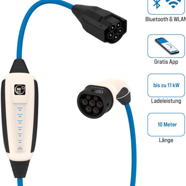 Cabo de Carregamento Pure WLAN + Bluetooth p/ Veículos Elétricos Tipo 2 / 11kW / 16A / 10m - NRGKICK