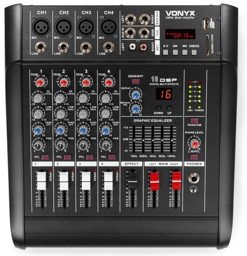 Mesa de Mistura Amplificada 2x 500W 5 Canais c/ DSP/BT/SD/USB/MP3 (AM5A) - VONYX