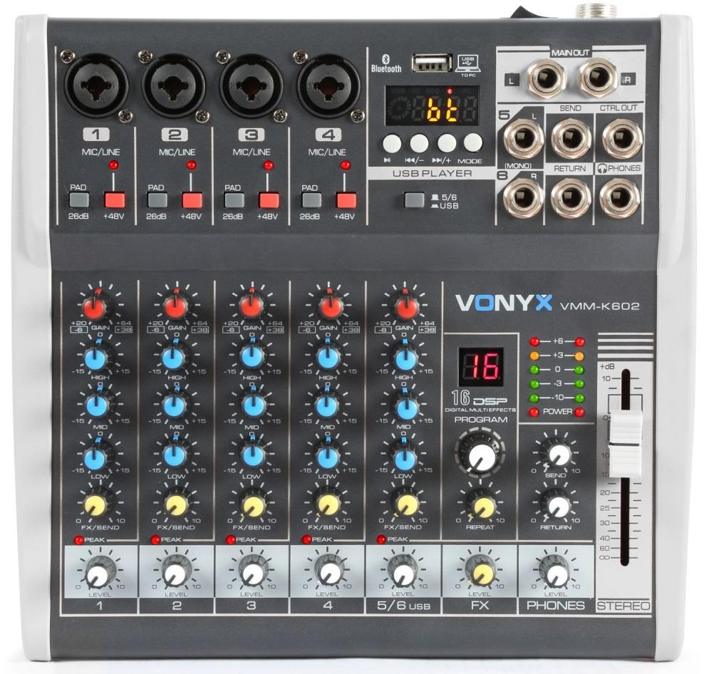 Mesa de Mistura 6 Canais c/ USB/SD/MP3/BLUETOOTH com DSP (VMM - K602) - VONYX