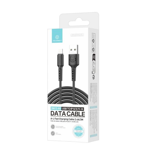 Cabo de Dados Preto, Cabo USB para Lightning de Carregamento Rapido, 3m/2.4A, Compatível com iPhone 8/X/11/12/13/14