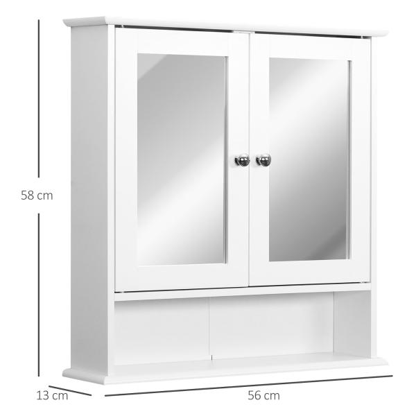 Armário de banheiro com parede de espelho com 2 portas 3 níveis de armazenamento de parede Cor Branco 56x13x58cm
