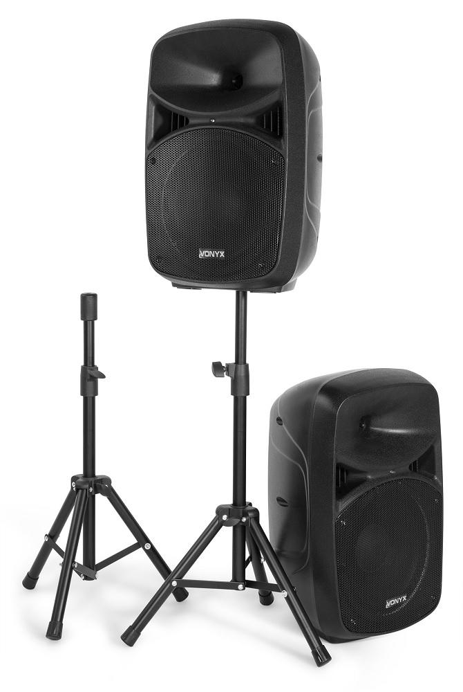 Pack 2x Colunas (Activa + Passiva) 10 600W MP3/USB/SD/Bluetooth c/ Tripés + Mic + Cabos (VPS102A)