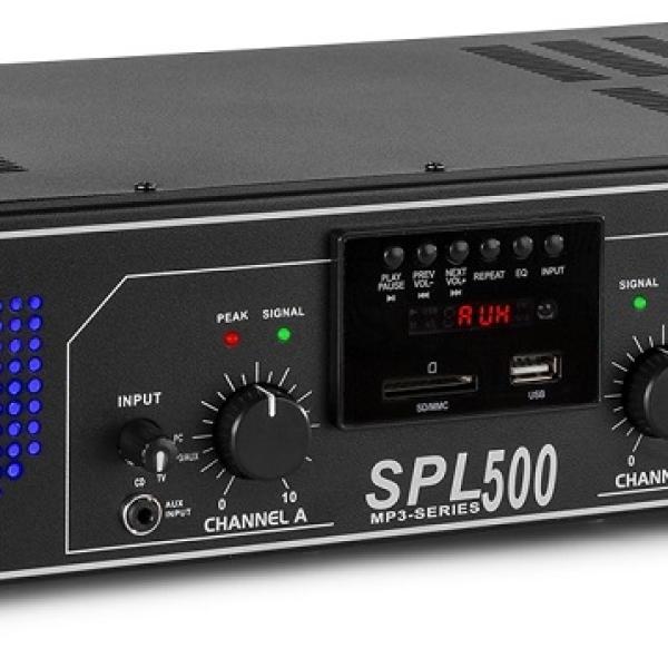 Amplificador PA 2x 250W 19 MP3/USB/SD + EQ (SPL 500MP3) LEDs Azuis - SPL