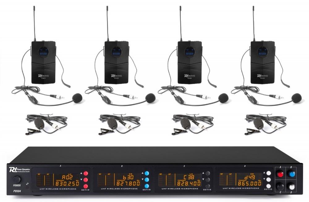 Central 4x Microfones Cabeça/Lapela UHF 50 Canais s/ Fios (PD504B) - Power Dynamics