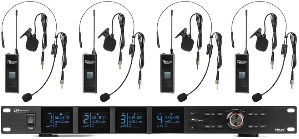 Central 4x Microfones Cabeça/Lapela UHF 100 Canais s/ Fios (PD524B) - Power Dynamics