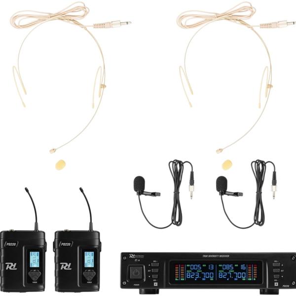 Central 4x Microfones Cabeça/Lapela UHF 2x 80 Canais s/ Fios (PD220B) - Power Dynamics