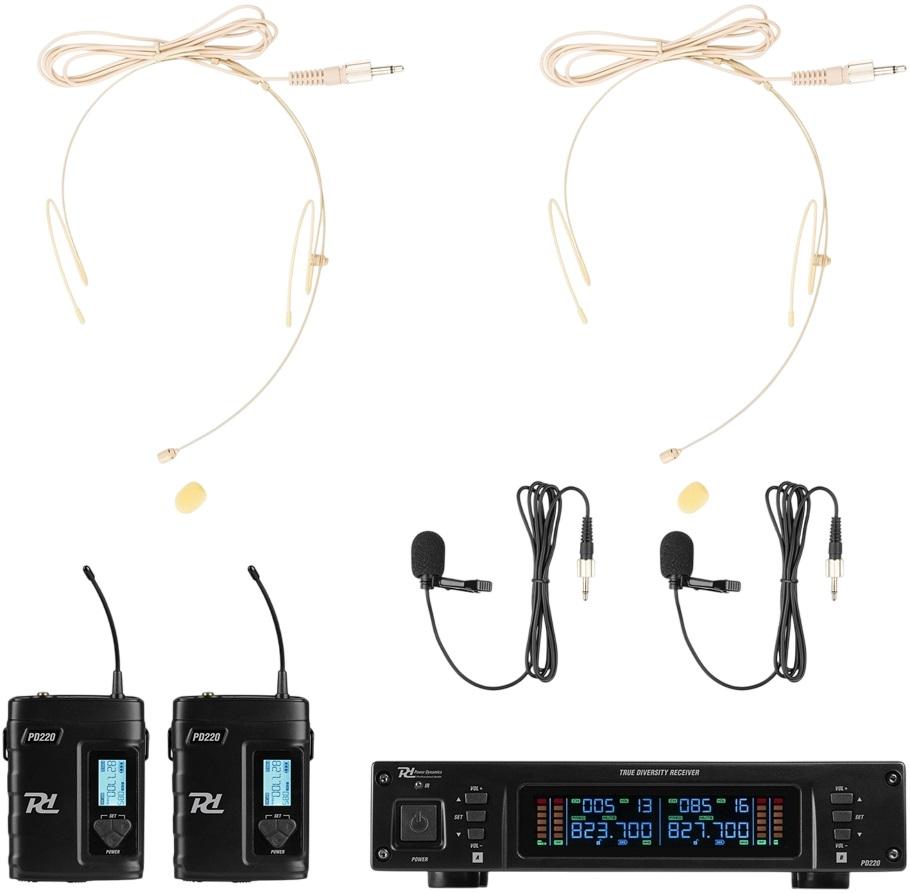 Central 4x Microfones Cabeça/Lapela UHF 2x 80 Canais s/ Fios (PD220B) - Power Dynamics