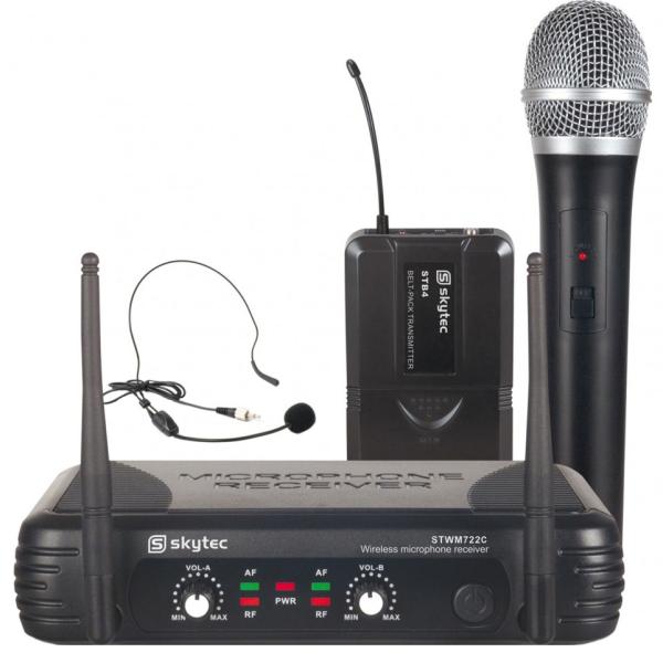 Central 2 Microfones UHF 2 Canais s/ Fios (Mão e Cabeça) STWM722C - Skytec