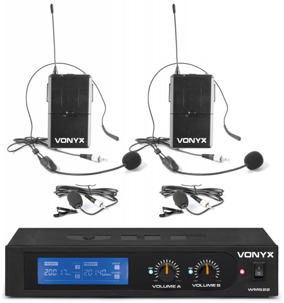 Central 2 Microfones Cabeça/Lapela VHF 2 Canais s/ Fios (WM522B) - VONYX