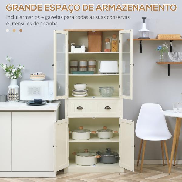 Armário de Cozinha com 2 Portas de Vidro 1 Gaveta e Prateleira Ajustável Móvel Auxiliar de Cozinha 76x40x182,5cm Creme