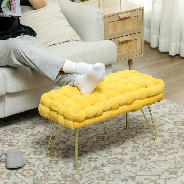 Apoio para os Pés Sala de Estar em Veludo com Pés de Metal e Assento Acolchoado para Dormitório Entrada 76x38x41,5 cm Amarelo