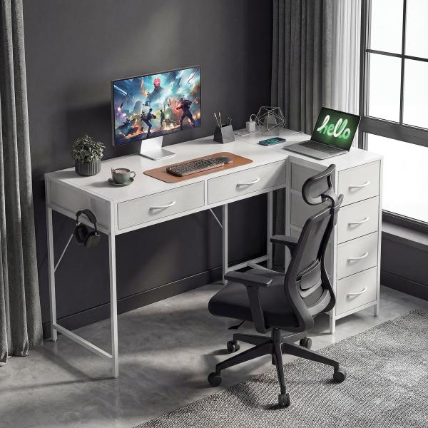 Secretária de Canto Reversível com 6 Gavetas 126x48 cm com Tomada de Energia Porta USB e USB - C Branco