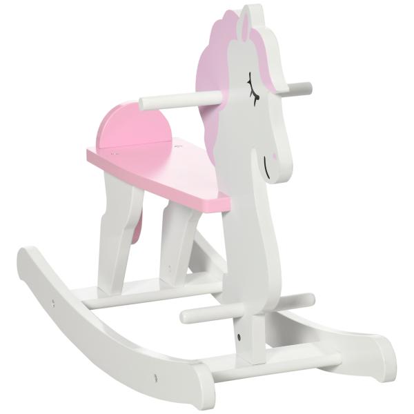 Cavalo Baloiço para Crianças de 1 - 3 Anos Cavalo Baloiço de Madeira com Guiador e Apoio para os Pés 68x27x46,5cm Branco e Rosa