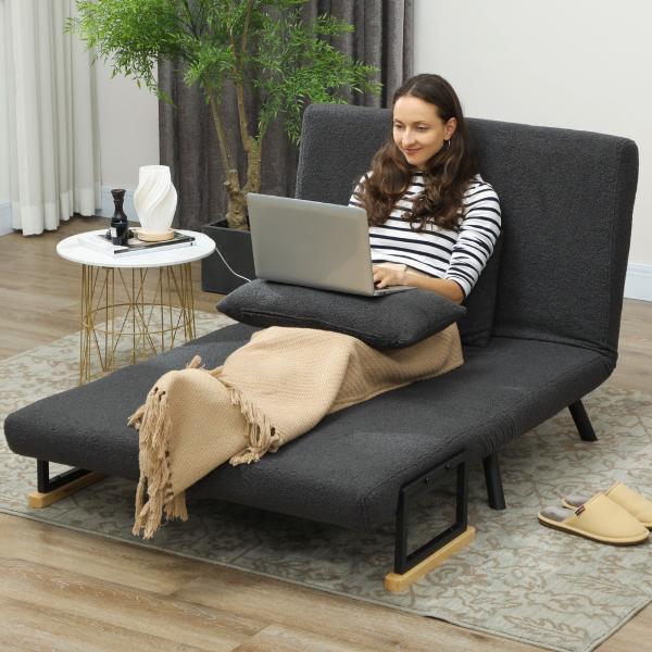 Sofá Cama Sofá Convertível em Cama de 2 Lugares Dobrável com Encosto Ajustável em 5 Níveis e 2 Almofadas 102x73x81 cm Cinza