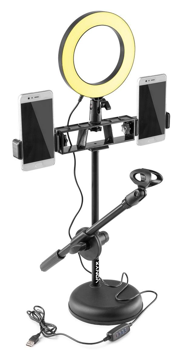 Suporte de Mesa p/ Microfone + 3 Smartphones c/ Luz LED 3 Modos (RL20) - VONYX