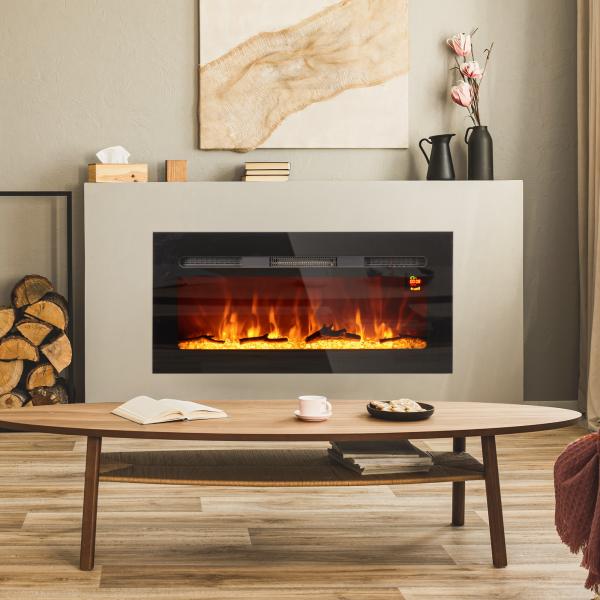 Lareira Elétrica de Parede, Aquecedor 1800W, Chama LED 3D, Cristais, 3 Cores, 5 Níveis de Brilho, Comando, Temporizador, Ecrã Tátil, Preto