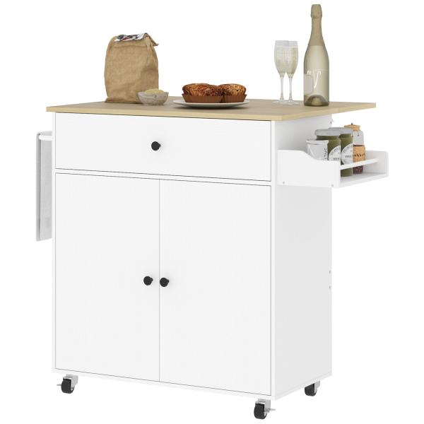 Ilha de Cozinha com Rodas com Lateral Dobrável Gaveta Suporte para Temperos e Prateleira Ajustável 106x42x87 cm Branco e Carvalho