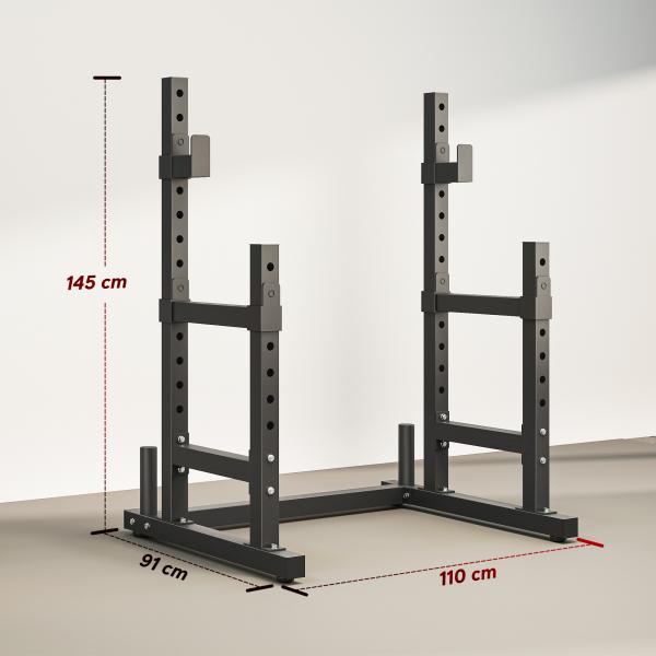 Suporte Ajustável para Barras de Pesas com Segurança Reforçada Carga até 300 kg Altura Regulável 48 - 135/45 - 85 cm Preto