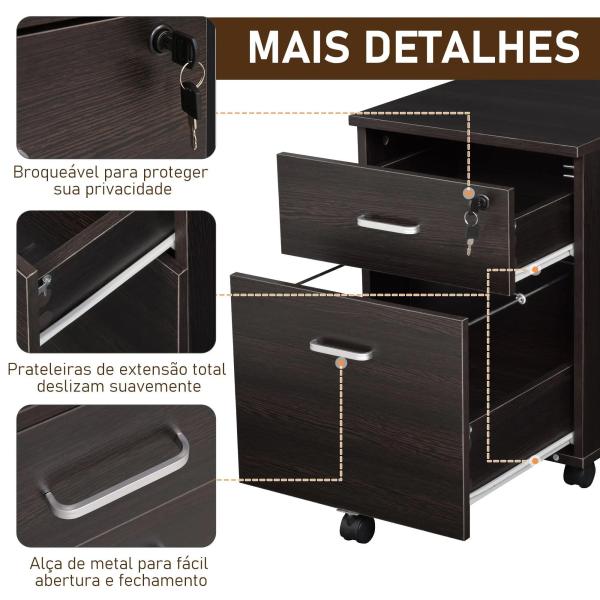 Bloco de Gavetas para Escritório Móvel de Arquivos com 5 Rodas Fechadura para Escritório Secretária 40x45x55,6cm Wengué