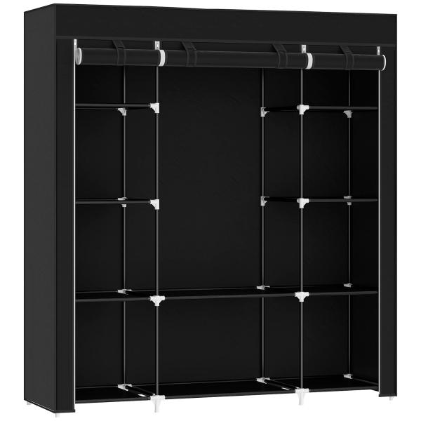 Roupeiro em Tecido com Barra, 10 Prateleiras, Cobertura com Fecho e Estrutura em Aço 150x43x162,5 cm Preto