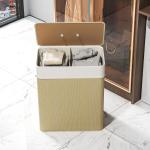 Cesto de Roupa com Tampa 100L de Bambu com 2 Compartimentos Bolsa Interior Amóvivel 52x32x63 cm Bege e Creme