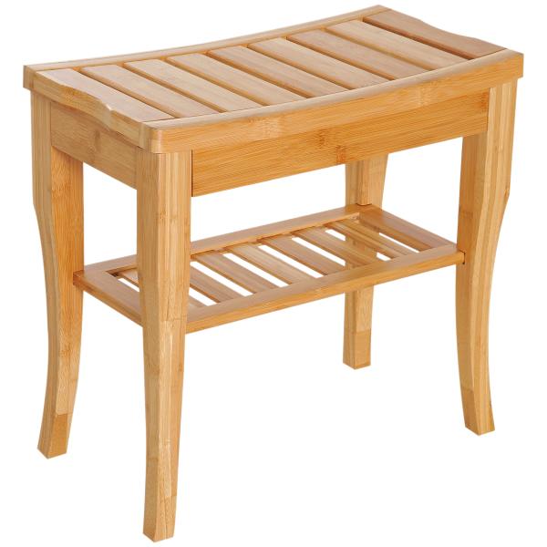 Banco para Casa de Banho de Bambu com Prateleira de Arrumação Antiderrapante Impermeável e Resistente 47,5x26x44,5 cm Madeira