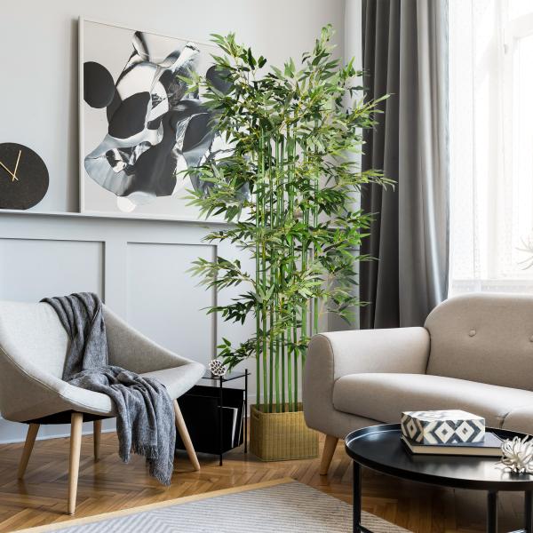 Planta Artificial em Vaso de Madeira de Pinho 180cm Bambu Artificial com 1640 Folhas Realistas 35x10x180 cm Verde