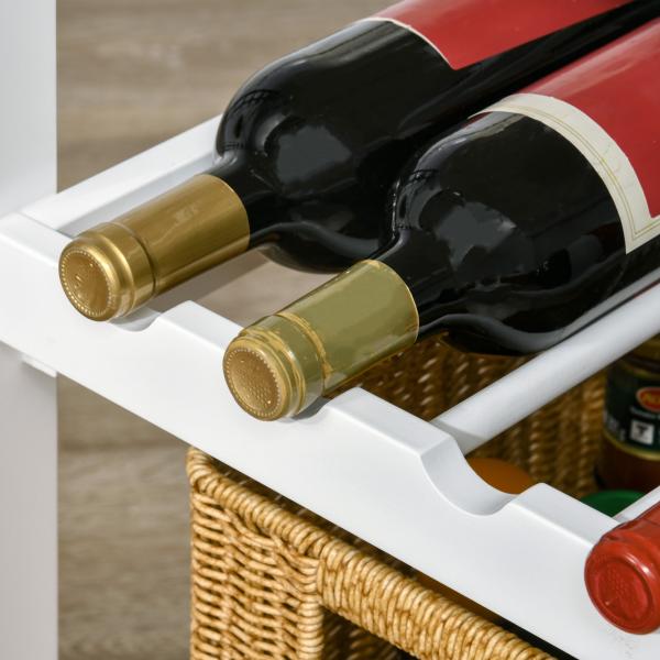 Carrinho de Cozinha com Rodas 1 Gaveta Prateleiras Suporte para 4 Garrafas e Armário Carga 40kg 76x48x88cm Branco e Cinza