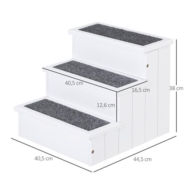 Escada para Animais de Estimação de 3 Degraus com Armazenamento e Tapete Antiderrapante 40,5x44,5x38 cm Branco