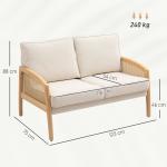 Sofá de 2 Lugares Estofado em Chenille com 2 Almofadas Laváveis e Apoio para os Braços em Vime Sintético 123x75x88 cm Bege