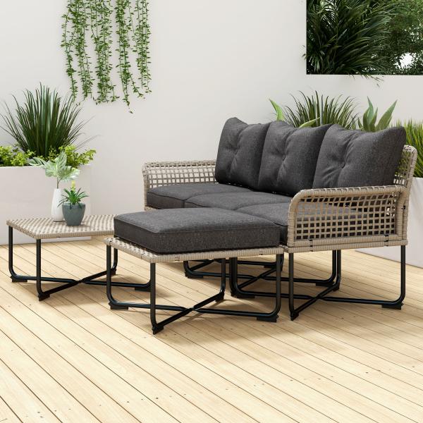 Conjunto de Jardim em Vime Sintético Conjunto de Móveis de Exterior com Sofá de 4 Módulos 1 Mesa de Centro e Almofadas Cinza