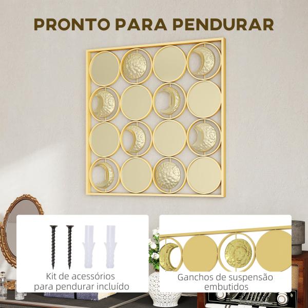 Decoração de Parede Metálica de Fases Lunares com 16 Discos para Sala Quarto Corredor 67,9x67,9 Dourado