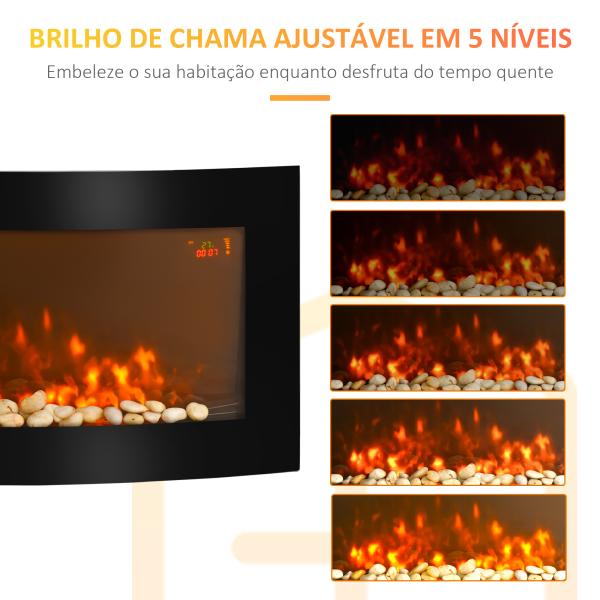 Lareira Elétrica de Parede com Efeito de Chama Realista Luzes LED e Potência Ajustável 1000W/2000W 89,2x13,5x48cm Preto