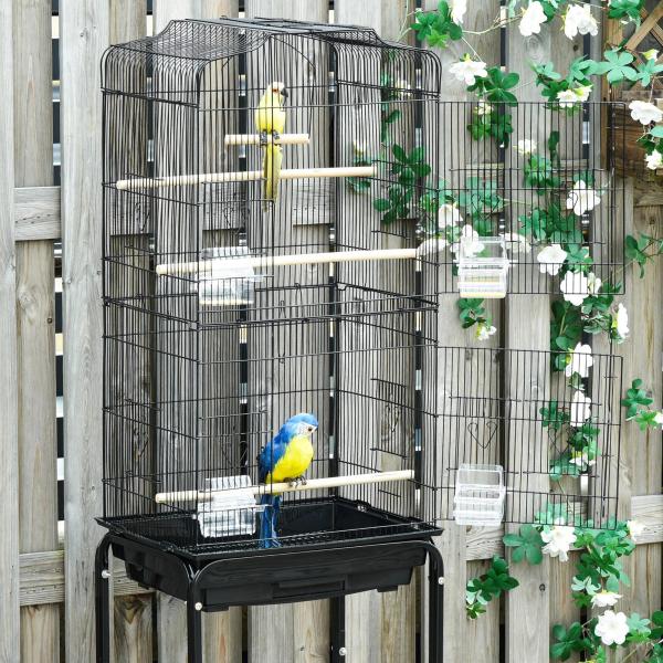 Gaiola para Passáros com Suporte Gaiola Metálica de Aves Canários com 4 Rodas Portas 4 Comedouros 3 Poleiros Bandeja Removível e Prateleira Inferior 46,5x36x157cm Preto