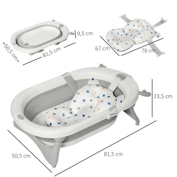 Banheira para Bebé Recém Nascido até 3 Anos Dobrável 30 Litros com Tampa Termossensível e Almofada Confortável Almofadas Antiderrapantes 81,5x50,5x23,5cm Cinza e Branco