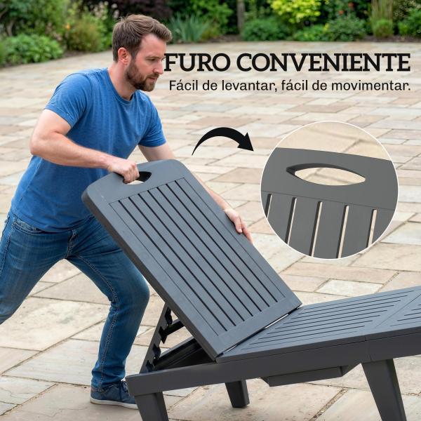Conjunto de 2 Espreguiçadeiras Reclináveis de Plástico PP com Bandeja Lateral Encosto Ajustável em 5 Posições 192x57x28,5 cm Cinzento