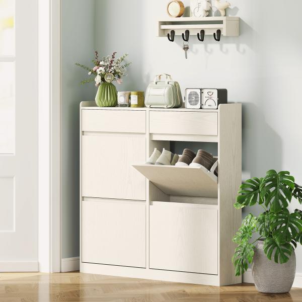 Sapateira Estreita com 4 Portas Sapateira para Entrada com 2 Gavetas para 8 Pares de Sapatos 98x19,2x95,3 cm Branco