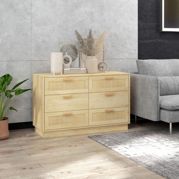 Cómoda para Quarto Cómoda de Madeira com 6 Gavetas de Vime Estilo Boêmio para Corredor Escritório 110x40x69 cm Carvalho