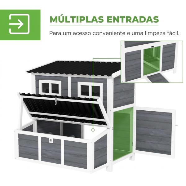 Galinheiro Exterior em Madeira 100x86x100 cm para 2 - 4 Galinhas com Ninho, Tabuleiro Amovível, Telhado Impermeável e Poleiros, Cinzento - Claro