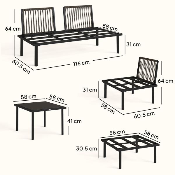 Conjunto de Jardim Exterior de 6 Peças com Sofá de 2 Lugares, Módulo de Canto, 2 Assentos, Apoio para Pés e Mesa de Vidro, Cinzento Claro