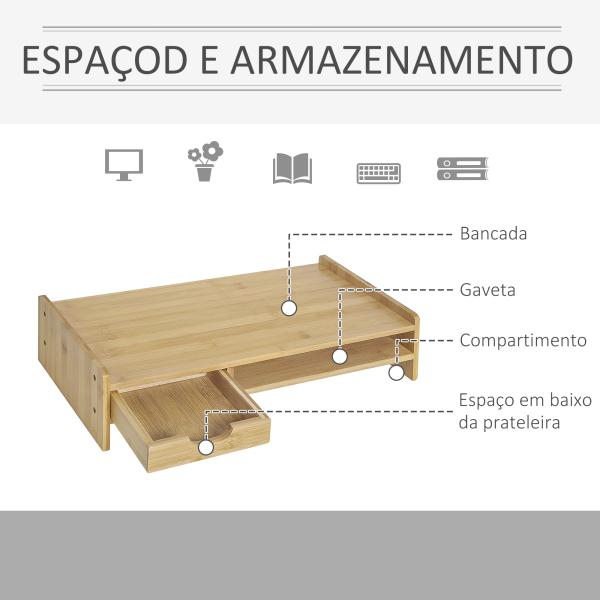 Suporte para Monitor de Bambu Organizador de Escritório para Monitor Portátil 48x25,5x11,5 cm Madeira