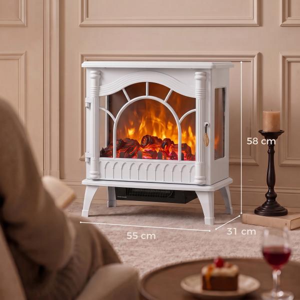 Lareira Elétrica 1000W/2000W com Temperatura Ajustável e Proteção contra Sobreaquecimento 55x31x58 cm Branca