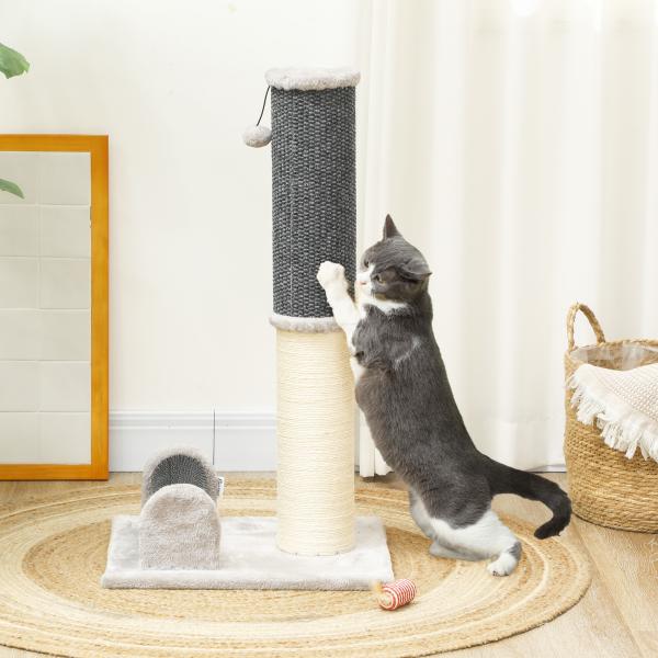 Arranhador para Gatos com Poste de Sisal Escova de Auto Higiene e Bola Suspensa 40x48x85 cm Cinza e Creme