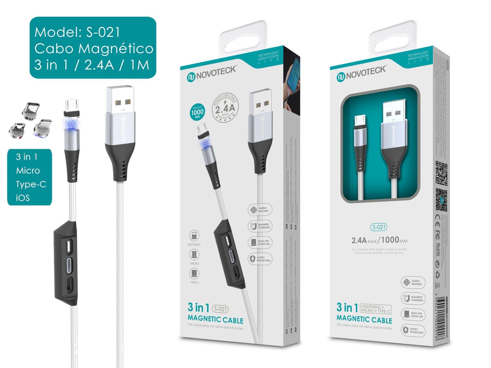 Cabo Magnético 3 em 1 Carregamento Universal, Conexão Magnética, 2.4A, 1m Novoteck S-021