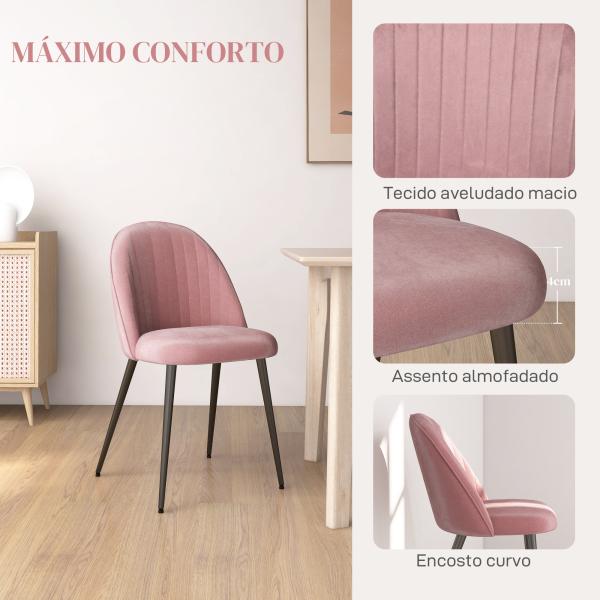 Conjunto de 4 Cadeiras de Sala de Jantar Modernas Cadeiras Estofadas em Veludo com Encosto Alto e Pés de Aço 50x52x83 cm Rosa