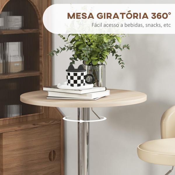 Mesa Alta de Cozinha Mesa Alta de Bar Redonda para 2 Pessoas Altura Ajustável Tampo Giratório 360° 60x60x91 cm Carvalho Claro