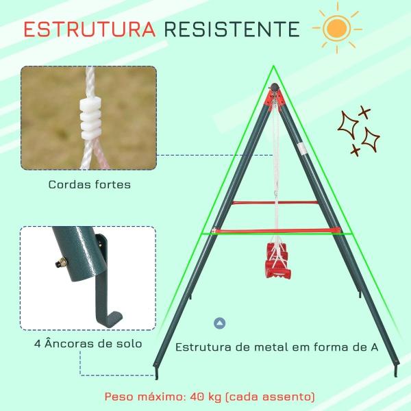 Conjunto de Baloiços para Crianças com Suporte de Metal e Corda Ajustável 220x160x180 cm Verde e Vermelho
