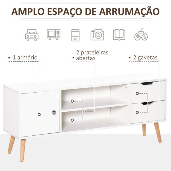 Armário de TV Grande armazenamento com armário prateleiras e gavetas abertas Carga 30 kg 120x28x44 cm Branco